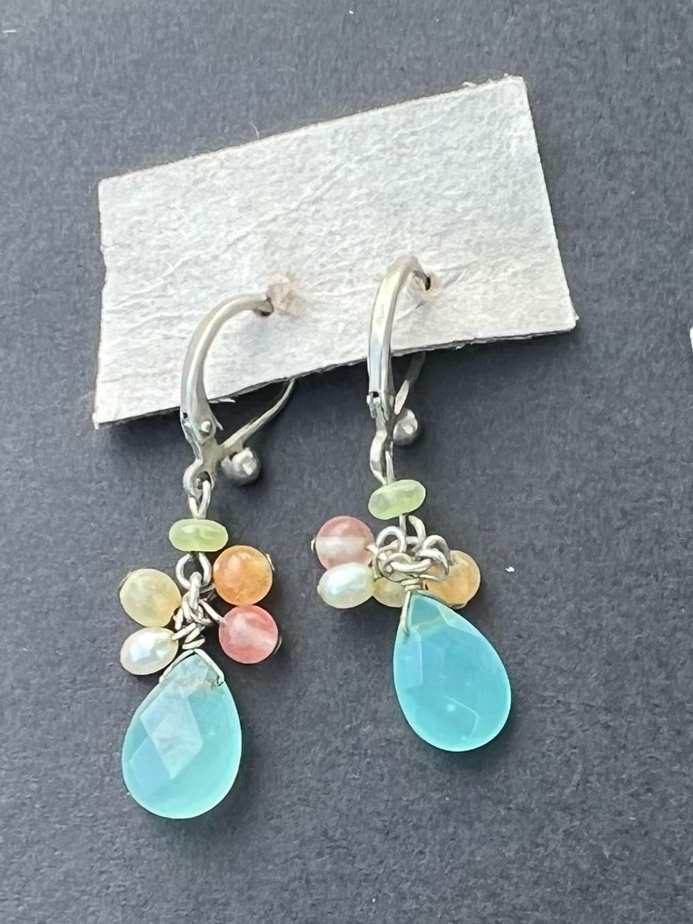 Silver-Tone Aqua Teardrop Dangle Earrings with Pastel Bead Cluster